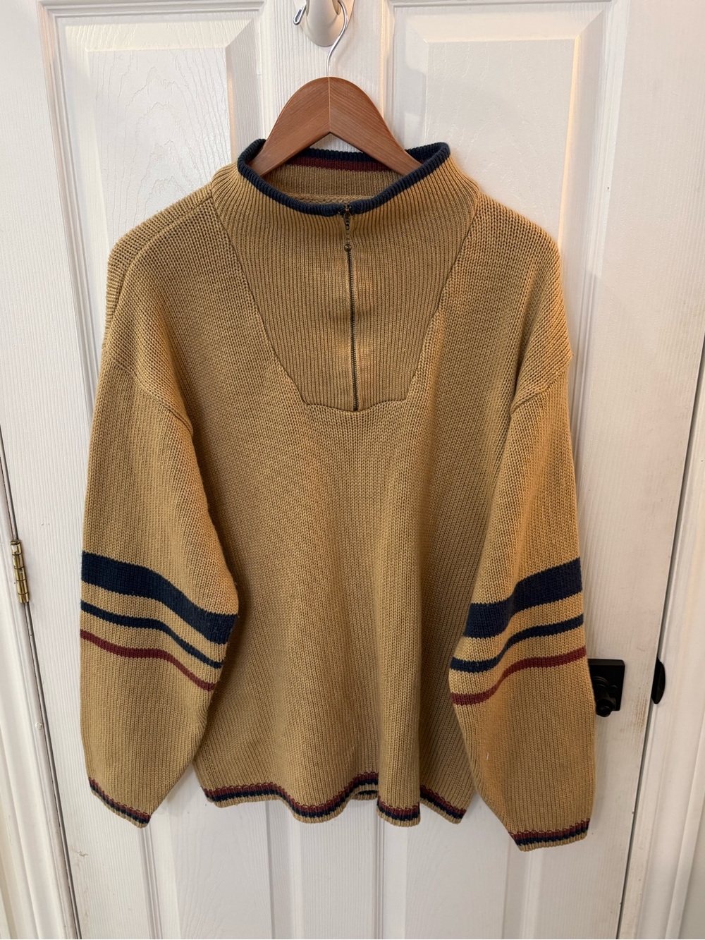Men's Vtg Half-Zip Knit Sweater in Camel with Navy & Burgundy Stripes